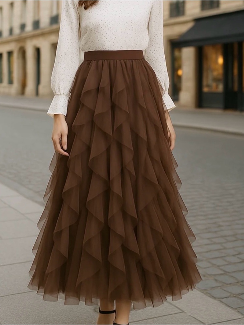 Elegant Brown Layered Tulle Skirt — Women - Picture 2 of 5